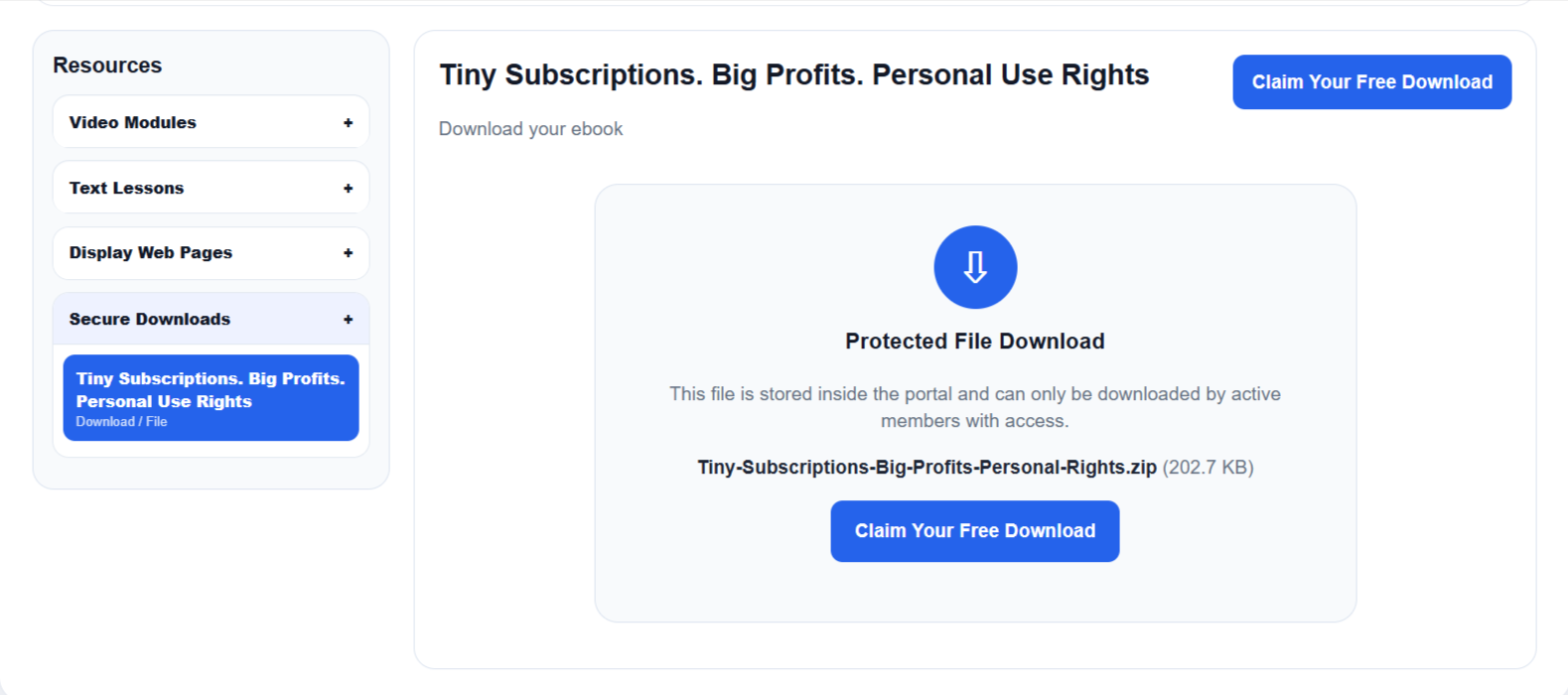 Protected download shown inside Member Portal Builder