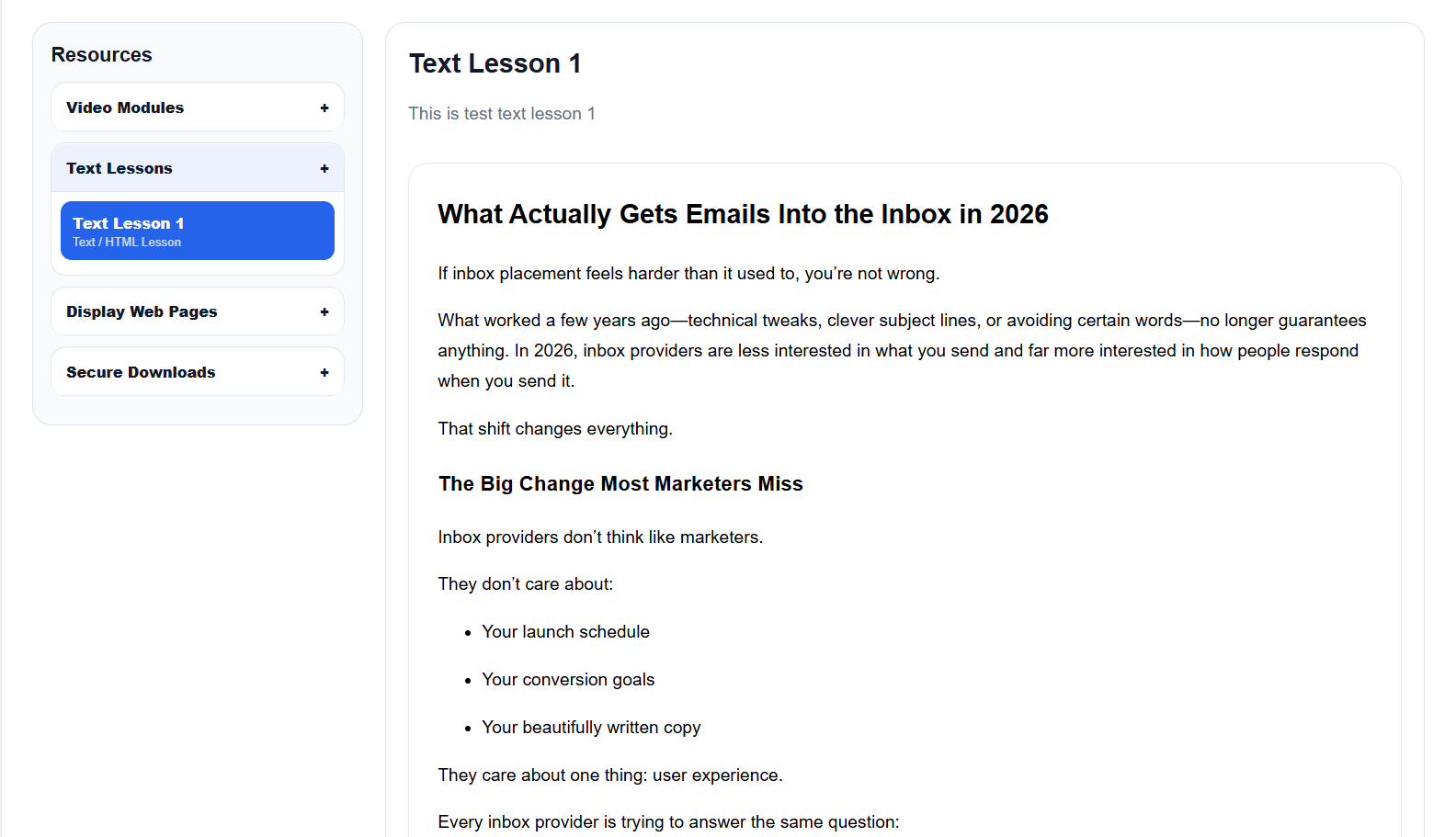 Text lesson displayed inside Member Portal Builder